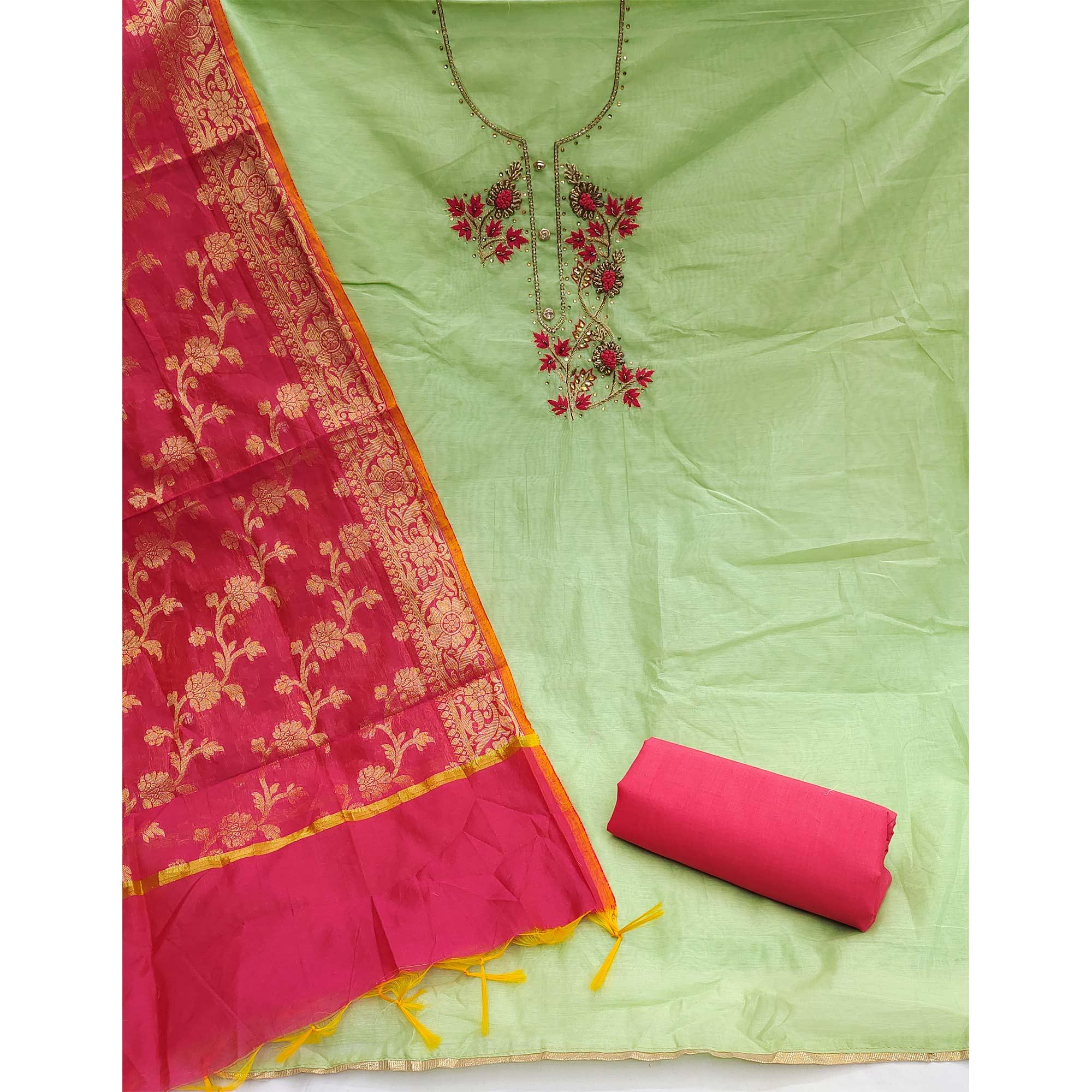 Green Festive Wear Embellished Chanderi Dress Material - Peachmode