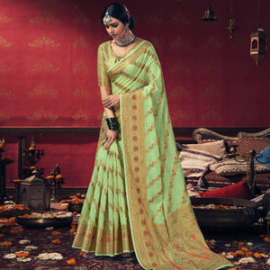 Green Festive Wear Embellished Cotton Saree - Peachmode