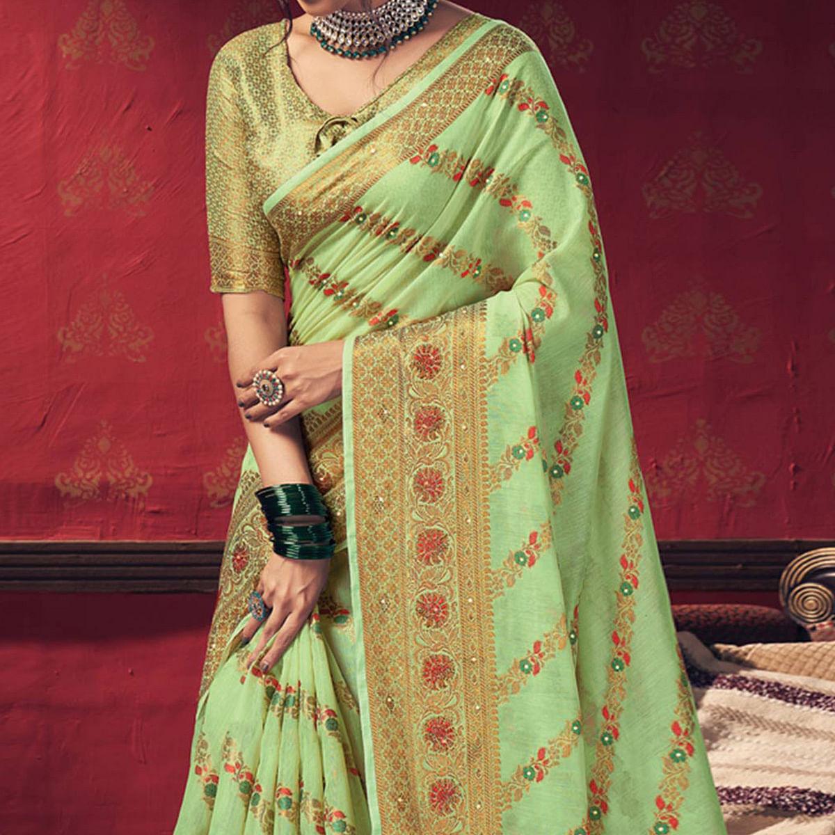 Green Festive Wear Embellished Cotton Saree - Peachmode