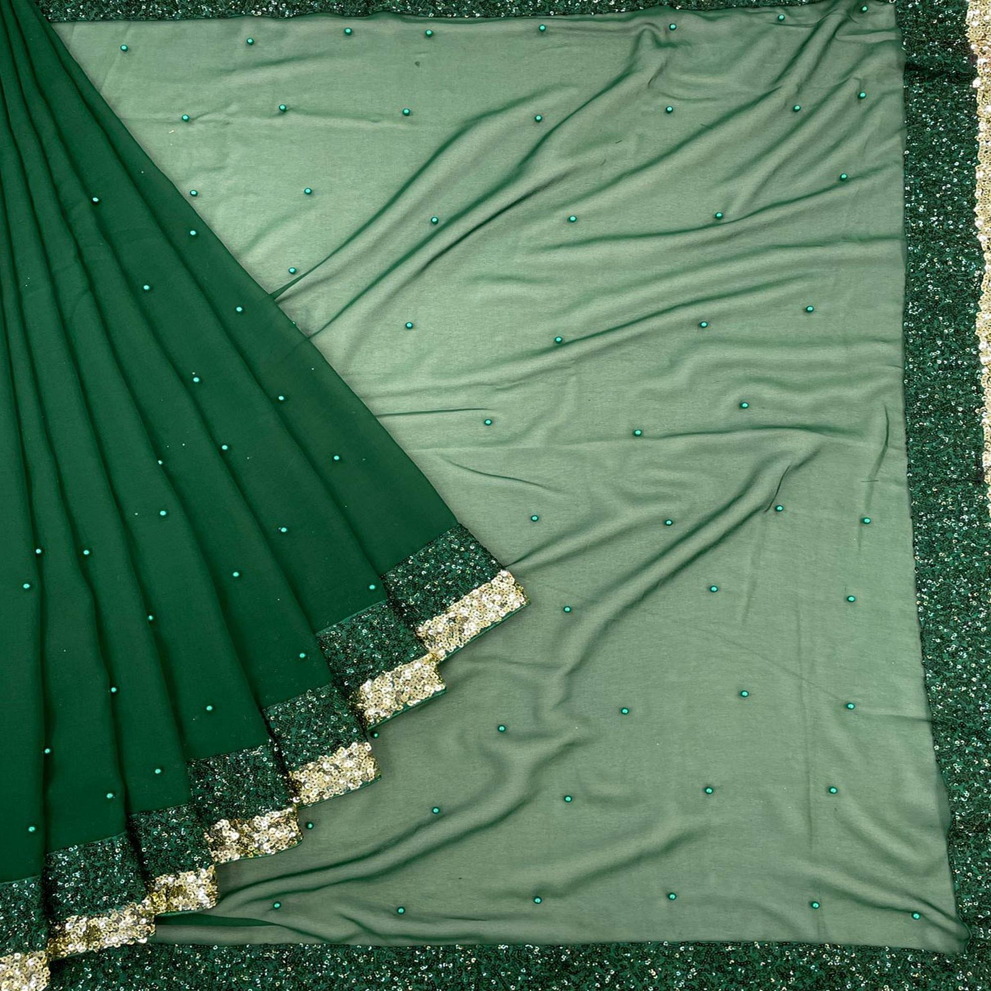 Green Festive Wear Embellished Georgette Saree - Peachmode