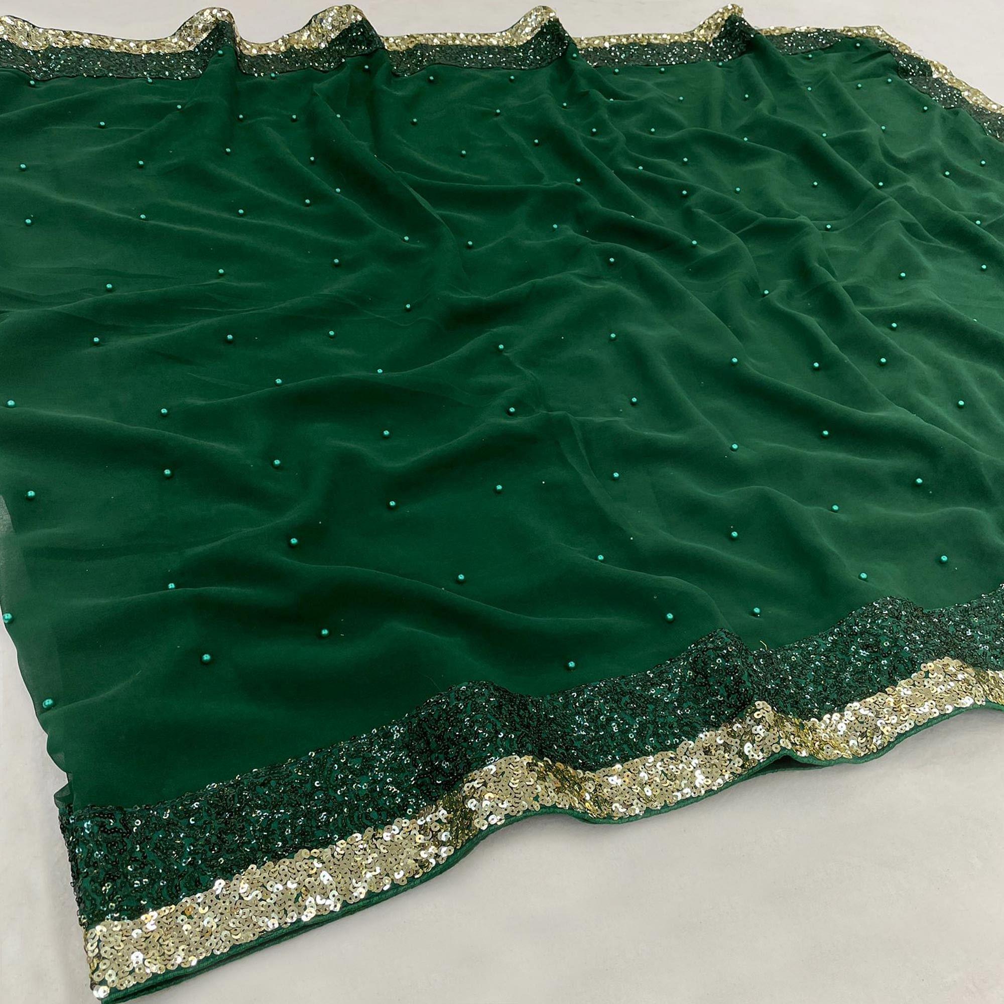 Green Festive Wear Embellished Georgette Saree - Peachmode