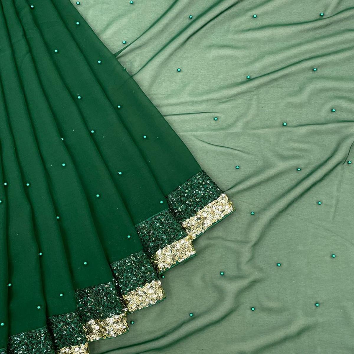 Green Festive Wear Embellished Georgette Saree - Peachmode