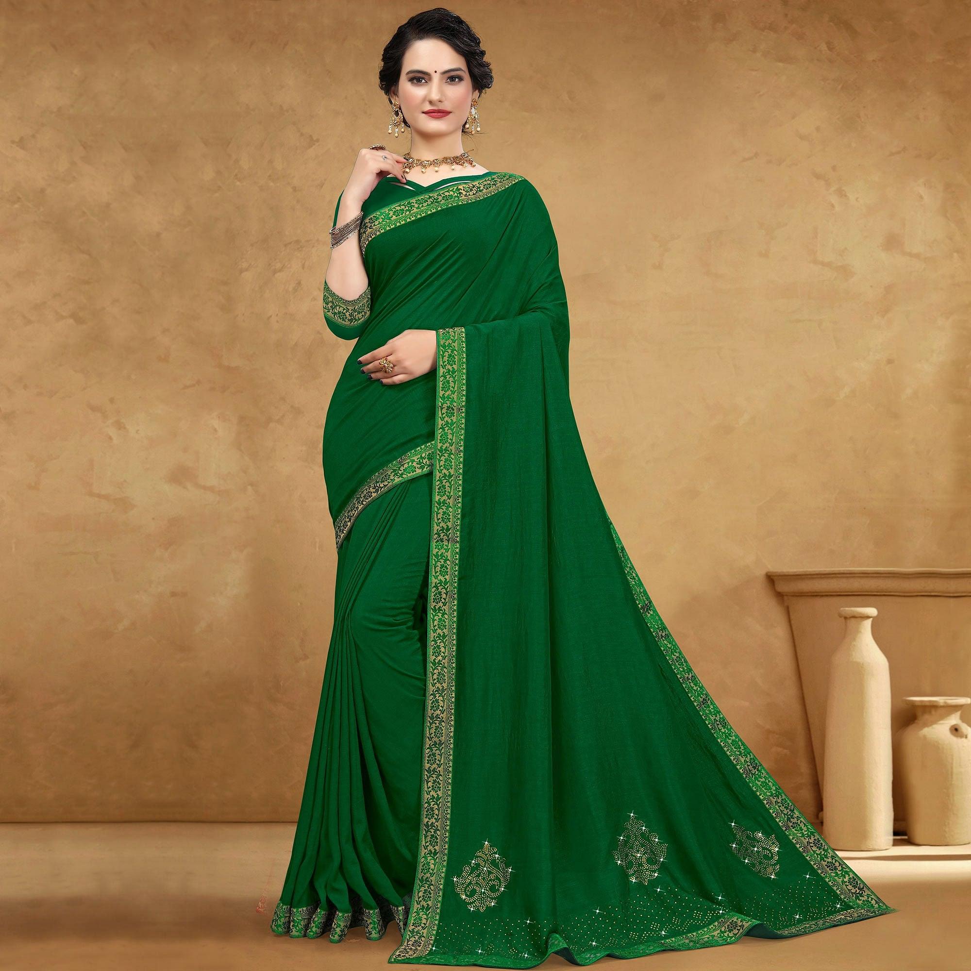 Green Festive Wear Embellished Vichitra Silk Saree - Peachmode