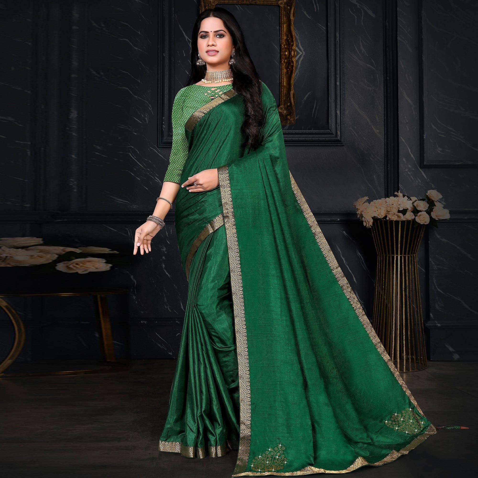 Green Festive Wear Embellished Vichitra Silk Saree - Peachmode