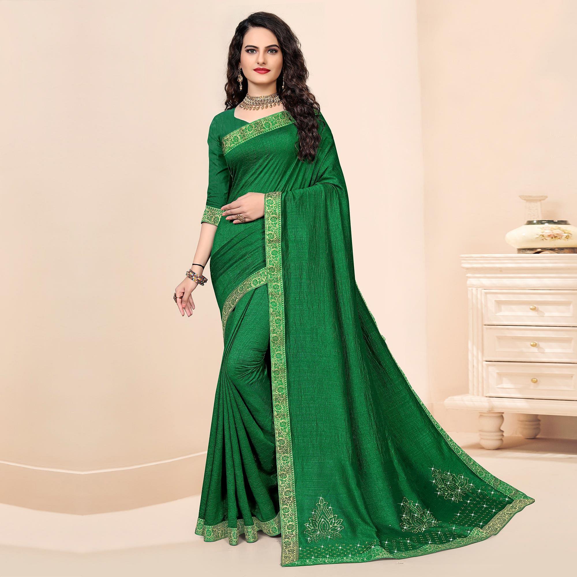 Green Festive Wear Embellished Vichitra Silk Saree - Peachmode