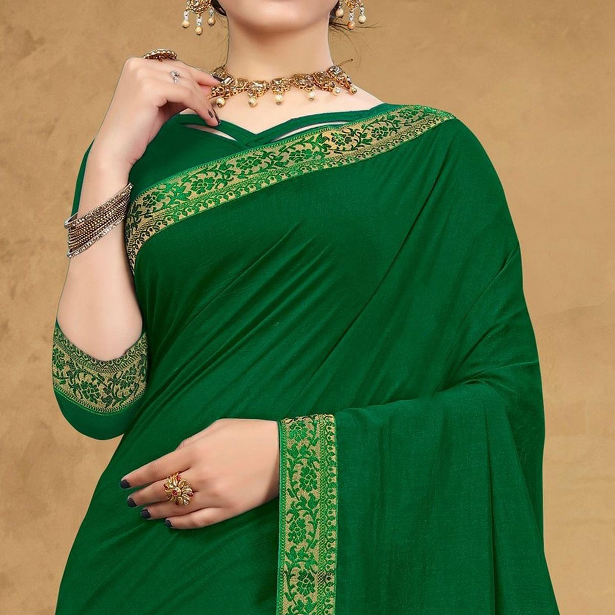 Green Festive Wear Embellished Vichitra Silk Saree - Peachmode