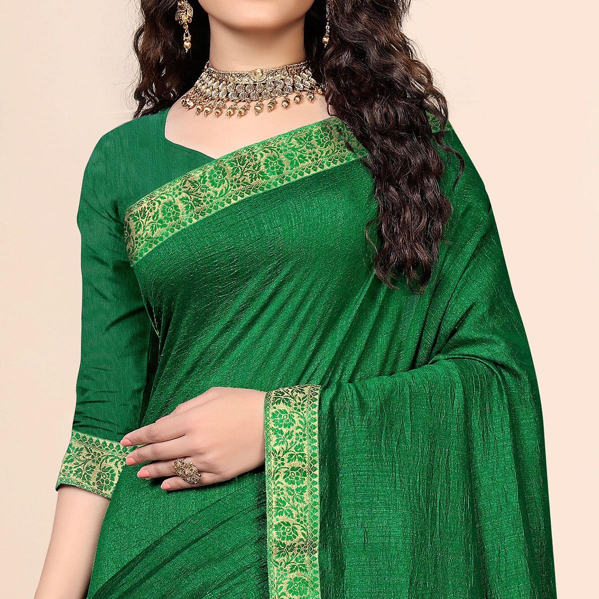 Green Festive Wear Embellished Vichitra Silk Saree - Peachmode