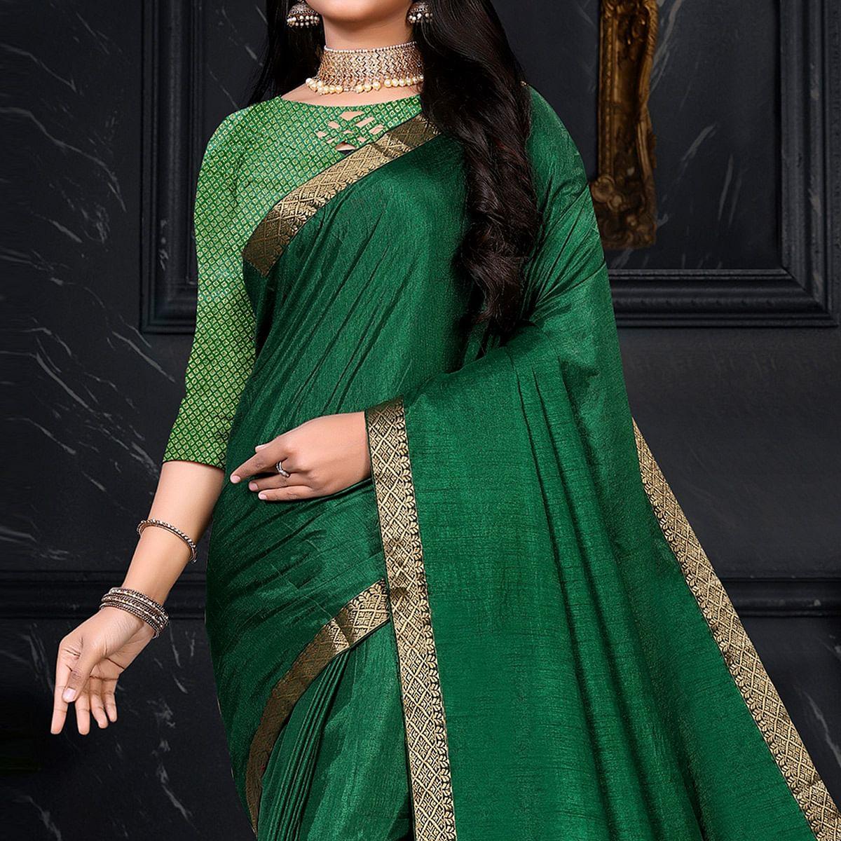 Green Festive Wear Embellished Vichitra Silk Saree - Peachmode