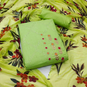 Green Festive Wear Embellished With Embroidered Cotton Dress Material - Peachmode
