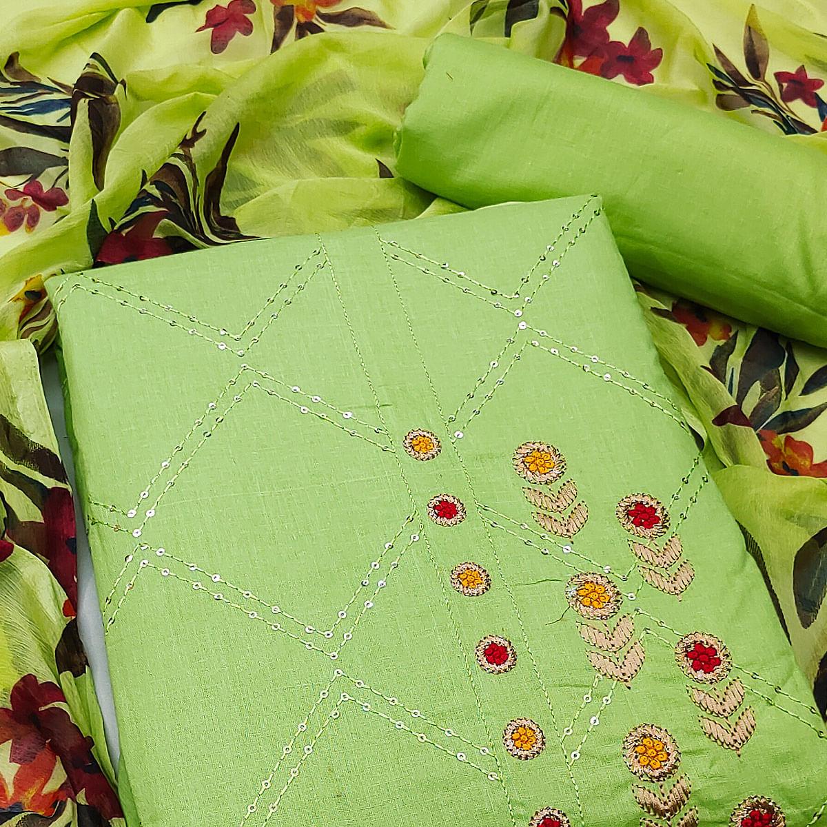Green Festive Wear Embellished With Embroidered Cotton Dress Material - Peachmode