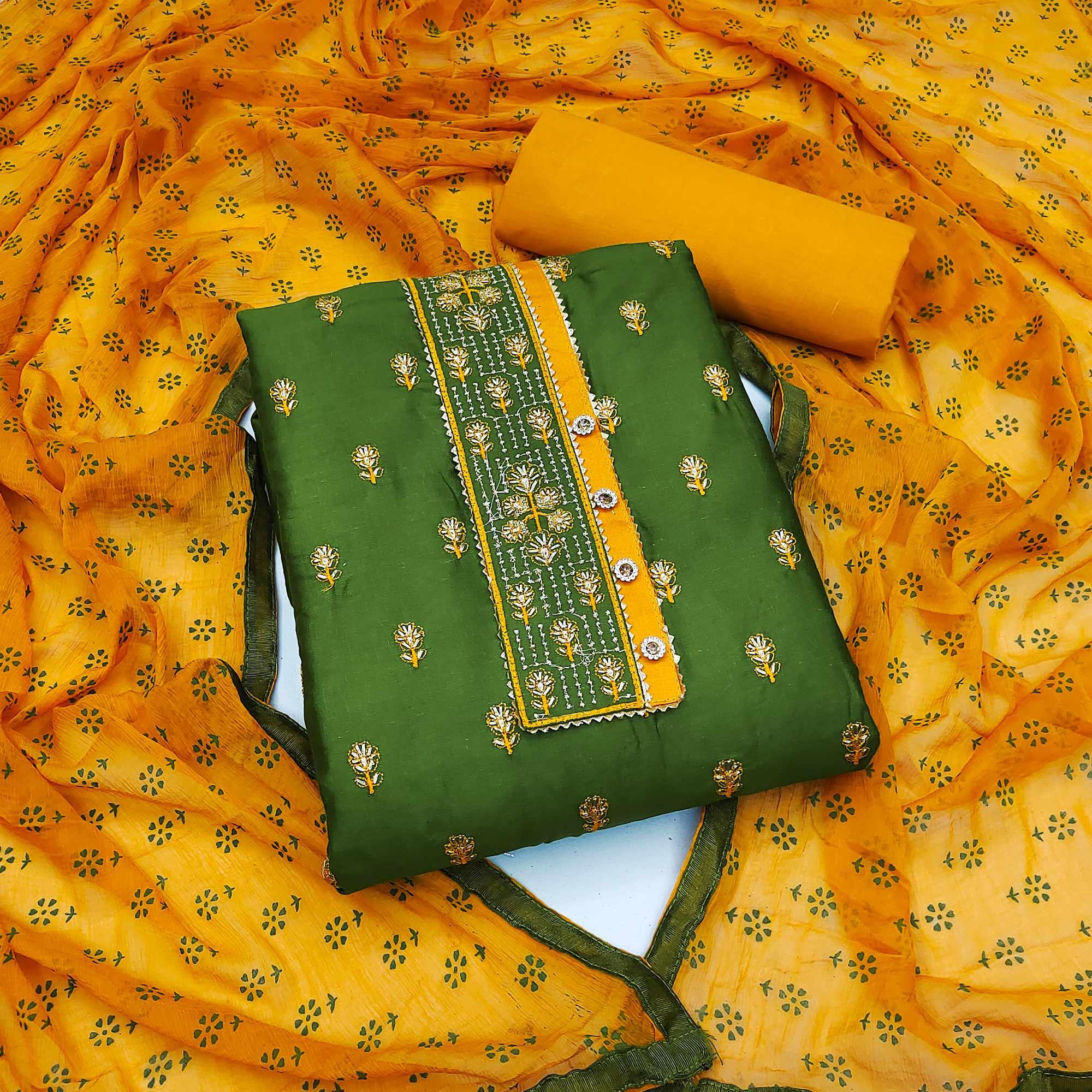Green Festive Wear Embroidered & Embellished Cotton Dress Material - Peachmode