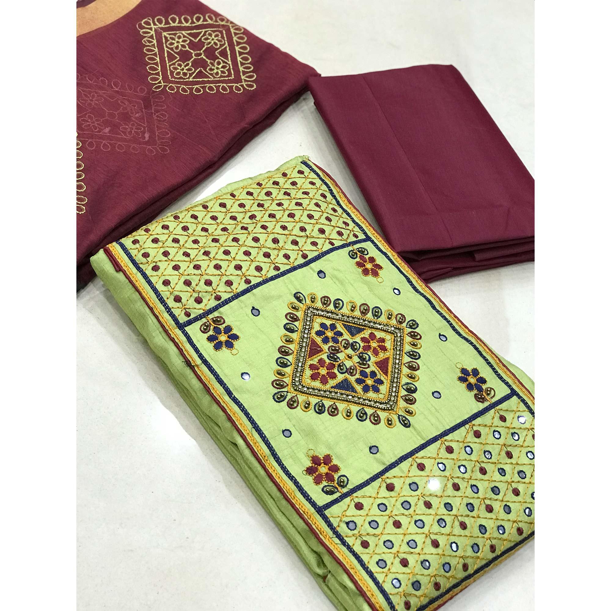 Green Festive Wear Embroidered & Embellished Cotton Dress Material - Peachmode