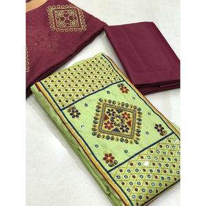 Green Festive Wear Embroidered & Embellished Cotton Dress Material - Peachmode