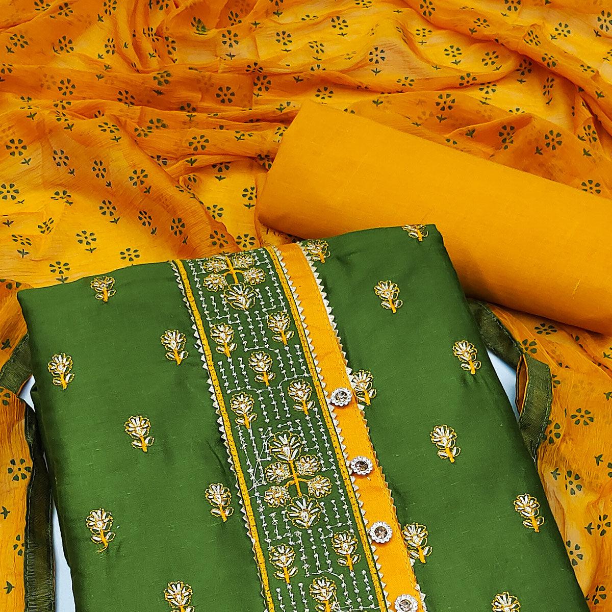 Green Festive Wear Embroidered & Embellished Cotton Dress Material - Peachmode