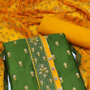 Green Festive Wear Embroidered & Embellished Cotton Dress Material - Peachmode