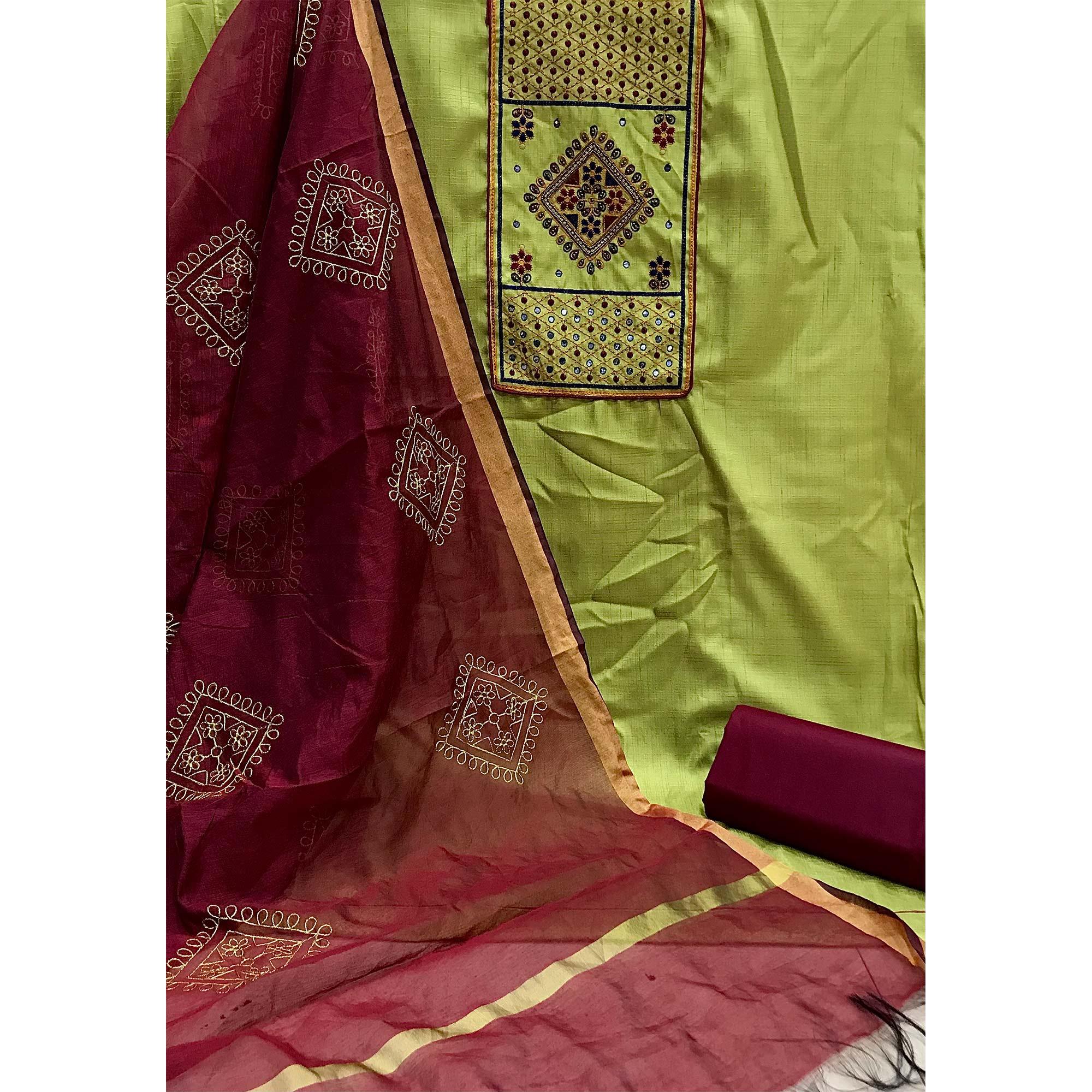 Green Festive Wear Embroidered & Embellished Cotton Dress Material - Peachmode
