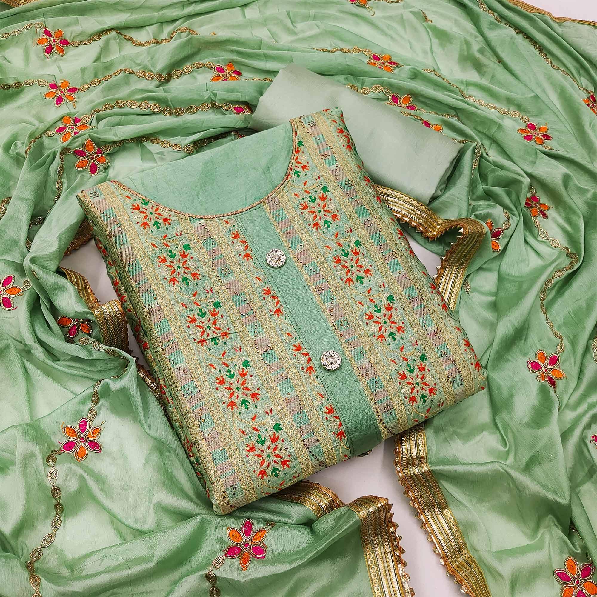 Green Festive Wear Embroidered Banarasi Silk Jacquard Dress Material - Peachmode