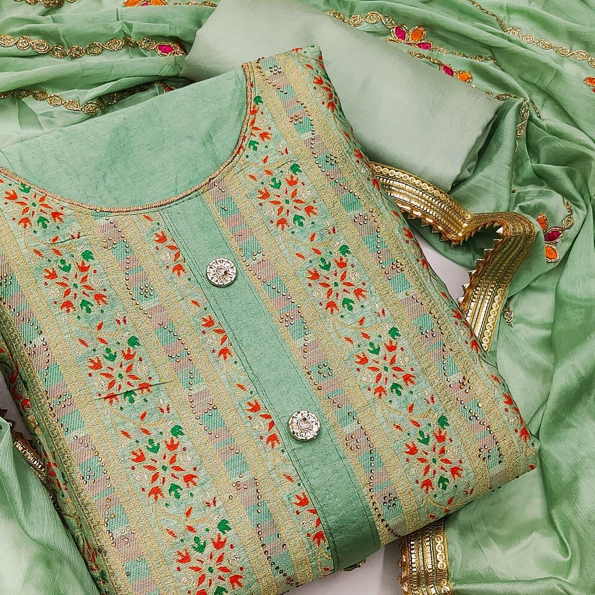 Green Festive Wear Embroidered Banarasi Silk Jacquard Dress Material - Peachmode