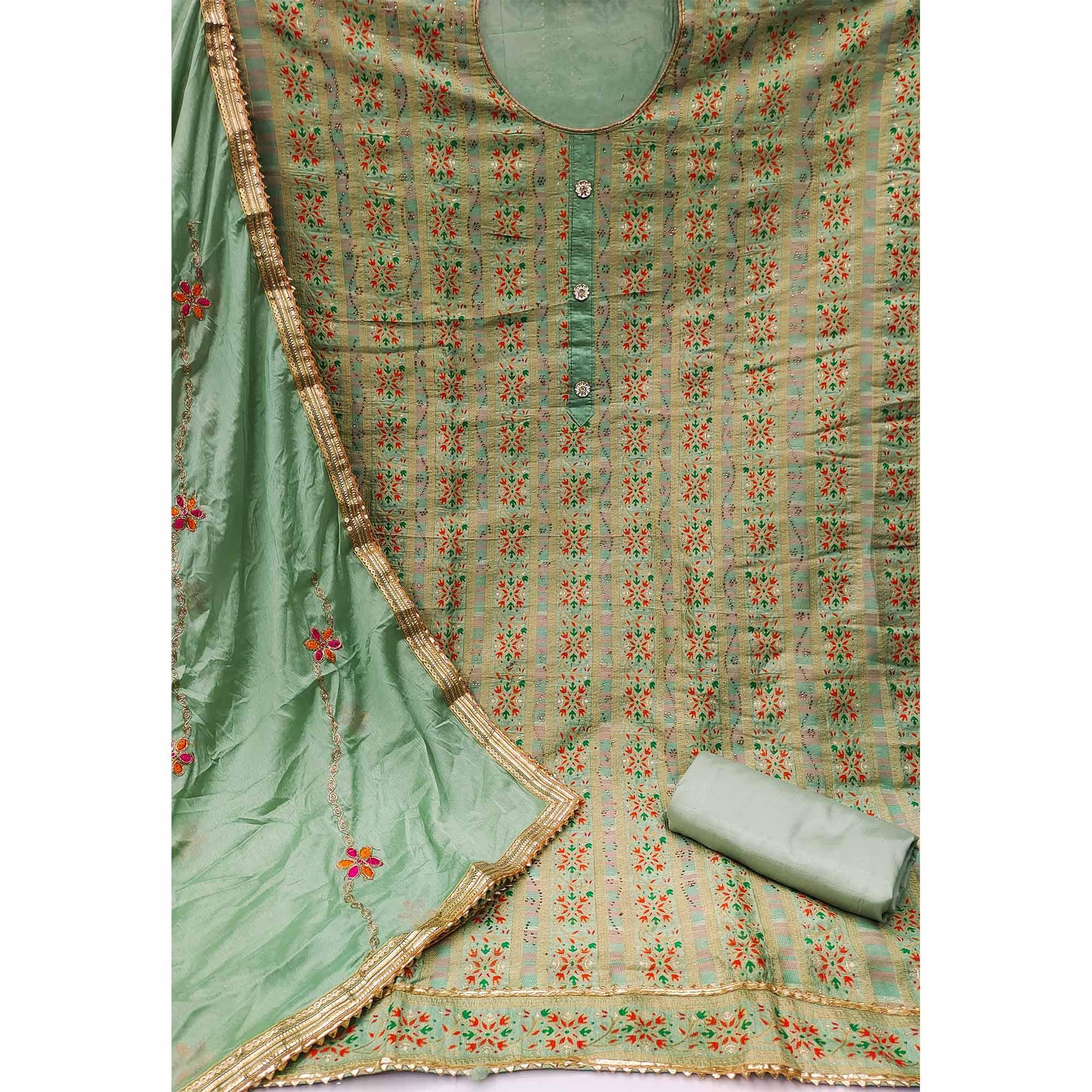 Green Festive Wear Embroidered Banarasi Silk Jacquard Dress Material - Peachmode