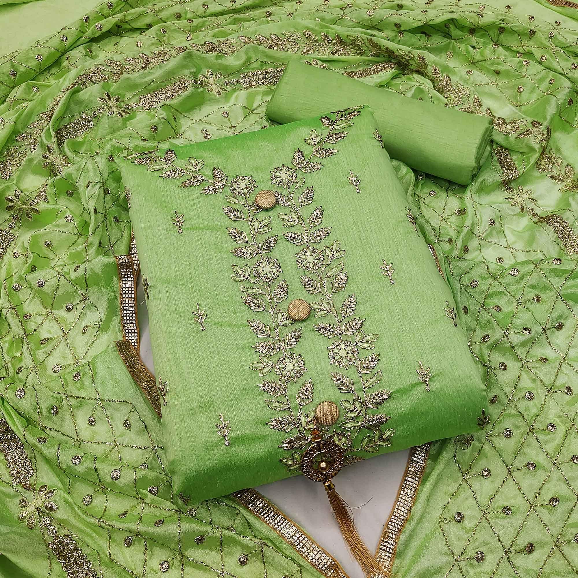 Green Festive Wear Embroidered Chanderi Dress Material - Peachmode