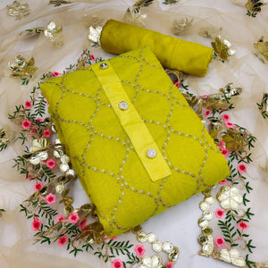 Green Festive Wear Embroidered Chanderi Dress Material - Peachmode