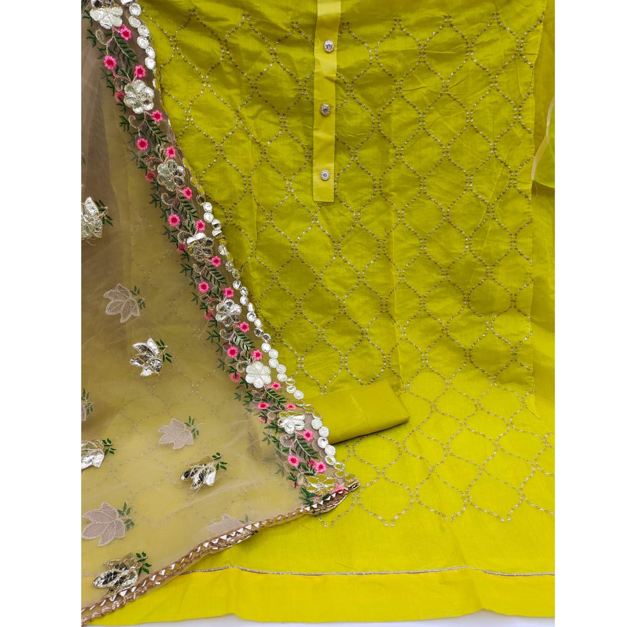 Green Festive Wear Embroidered Chanderi Dress Material - Peachmode