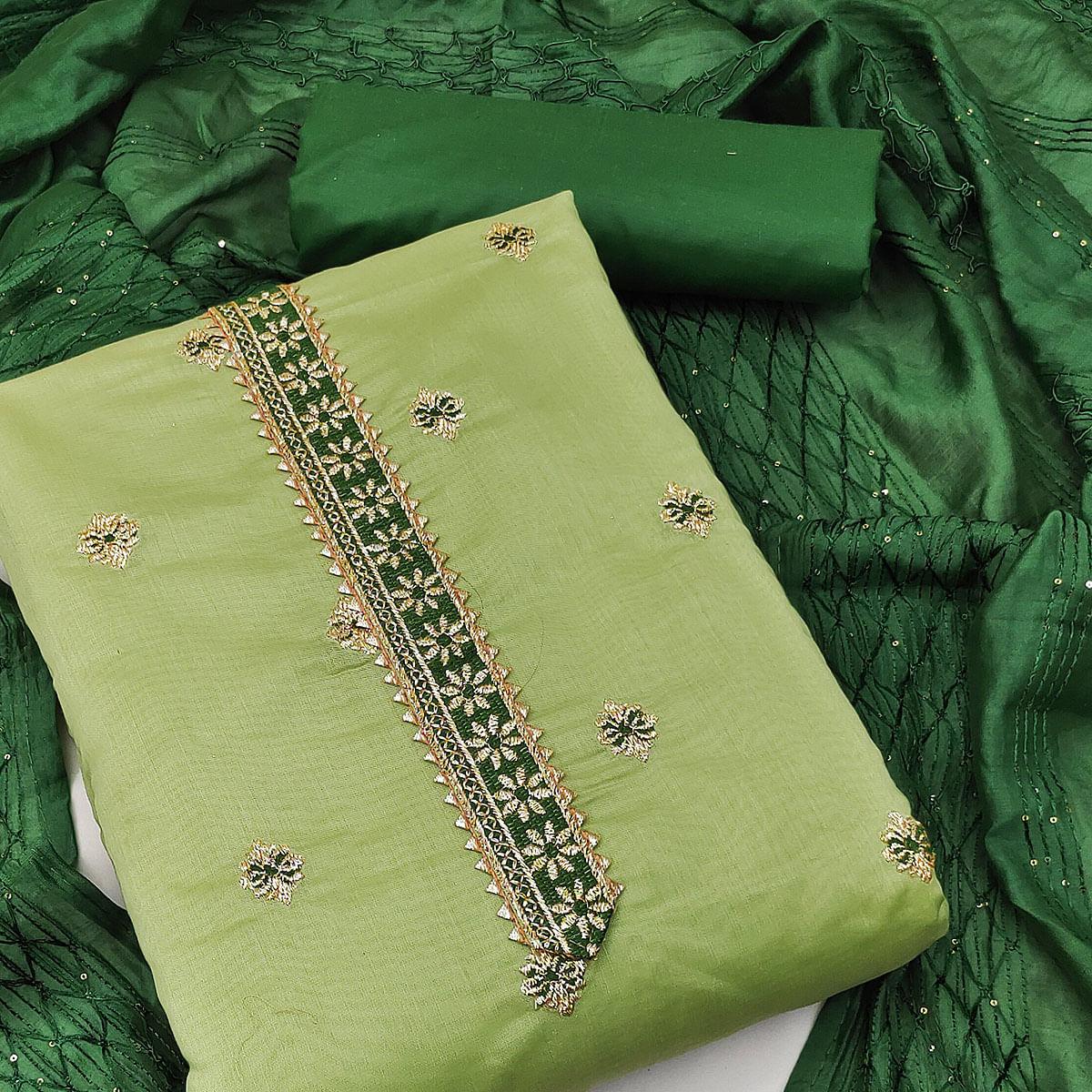 Green Festive Wear Embroidered Chanderi Dress Material - Peachmode
