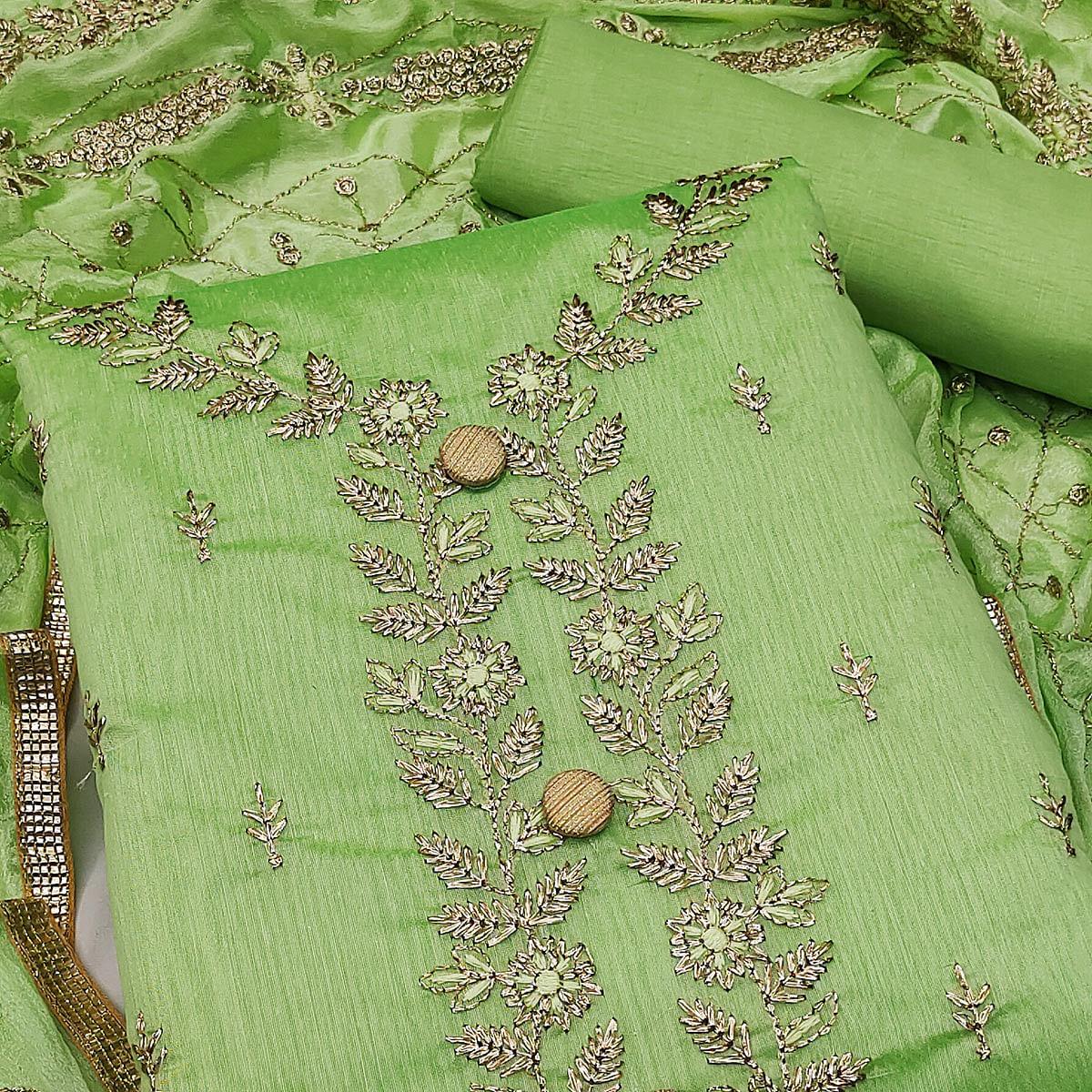 Green Festive Wear Embroidered Chanderi Dress Material - Peachmode