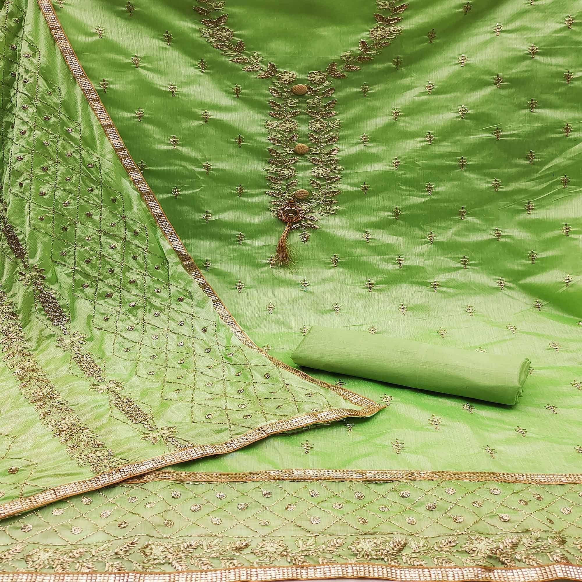 Green Festive Wear Embroidered Chanderi Dress Material - Peachmode