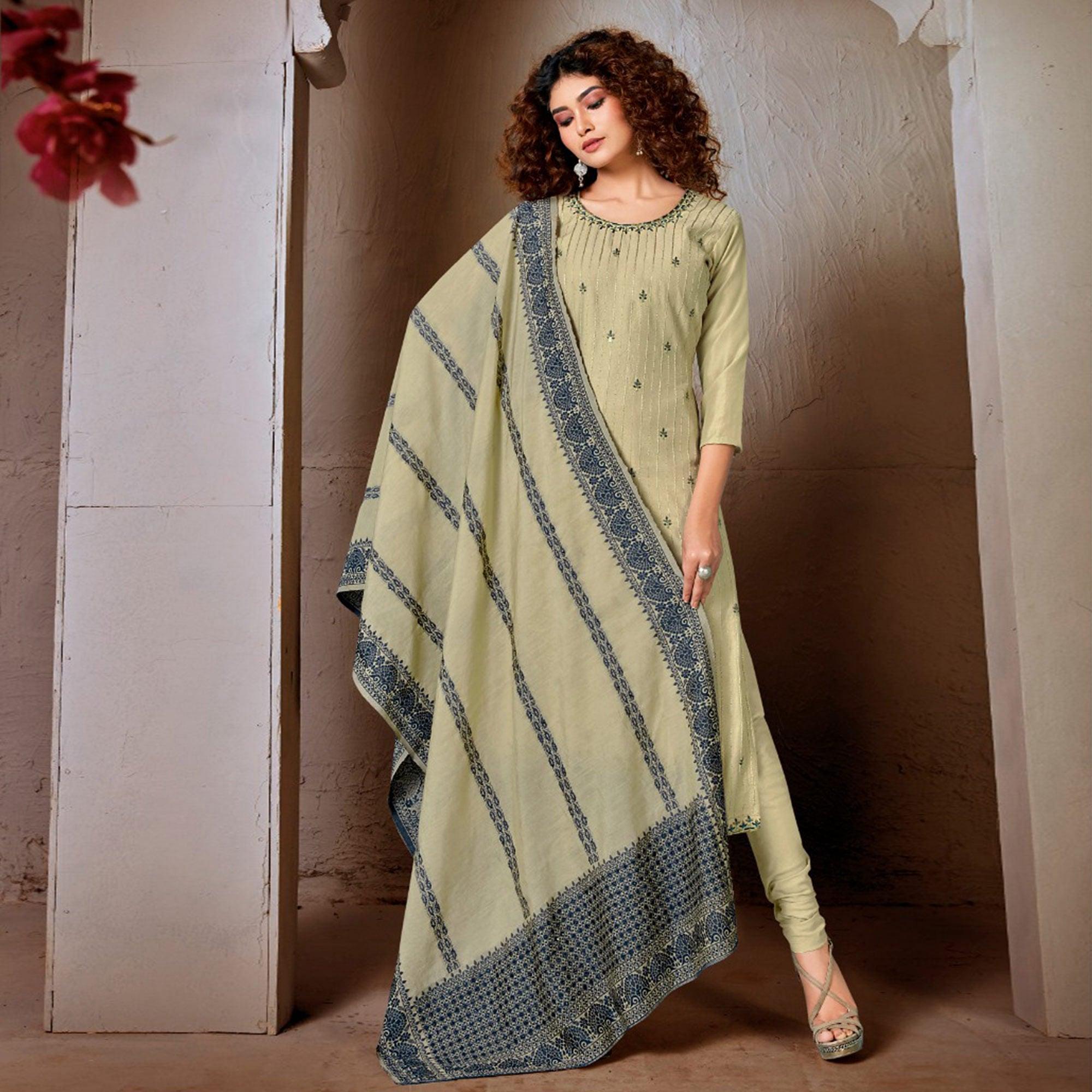 Green Festive Wear Embroidered Chanderi Suit - Peachmode