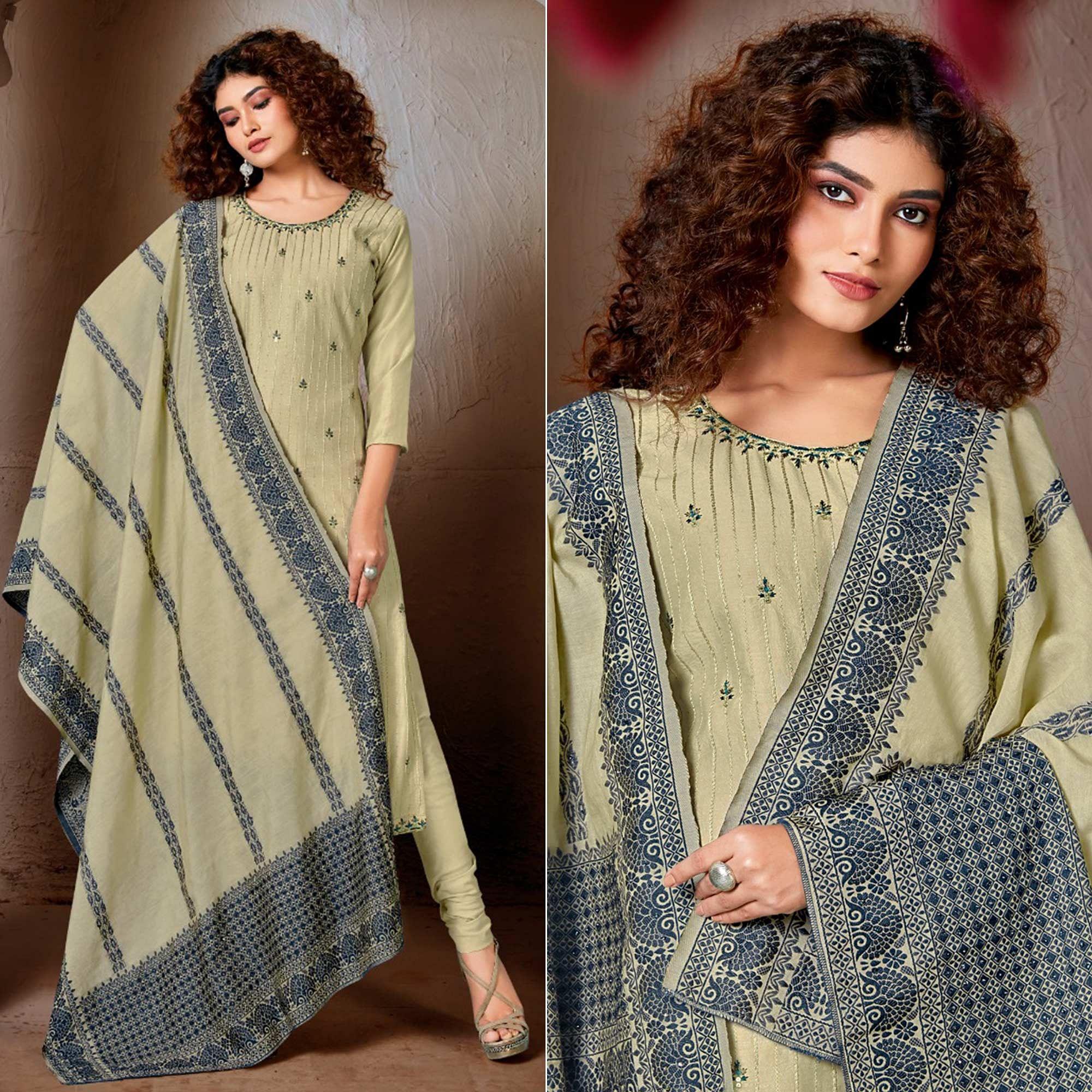 Green Festive Wear Embroidered Chanderi Suit - Peachmode
