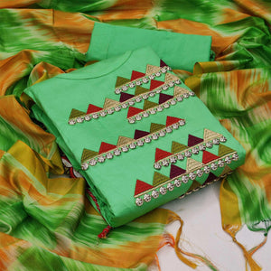 Green Festive Wear Embroidered Cotton Dress Material - Peachmode