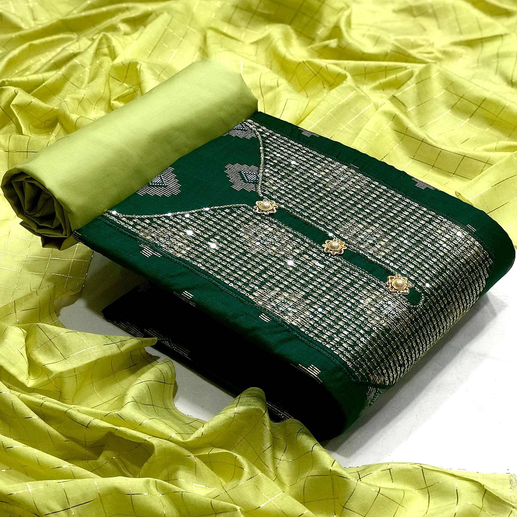 Green Festive Wear Embroidered Cotton Dress Material - Peachmode