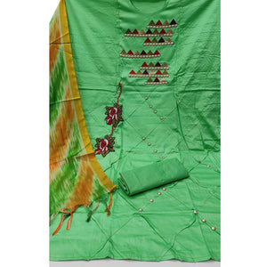 Green Festive Wear Embroidered Cotton Dress Material - Peachmode