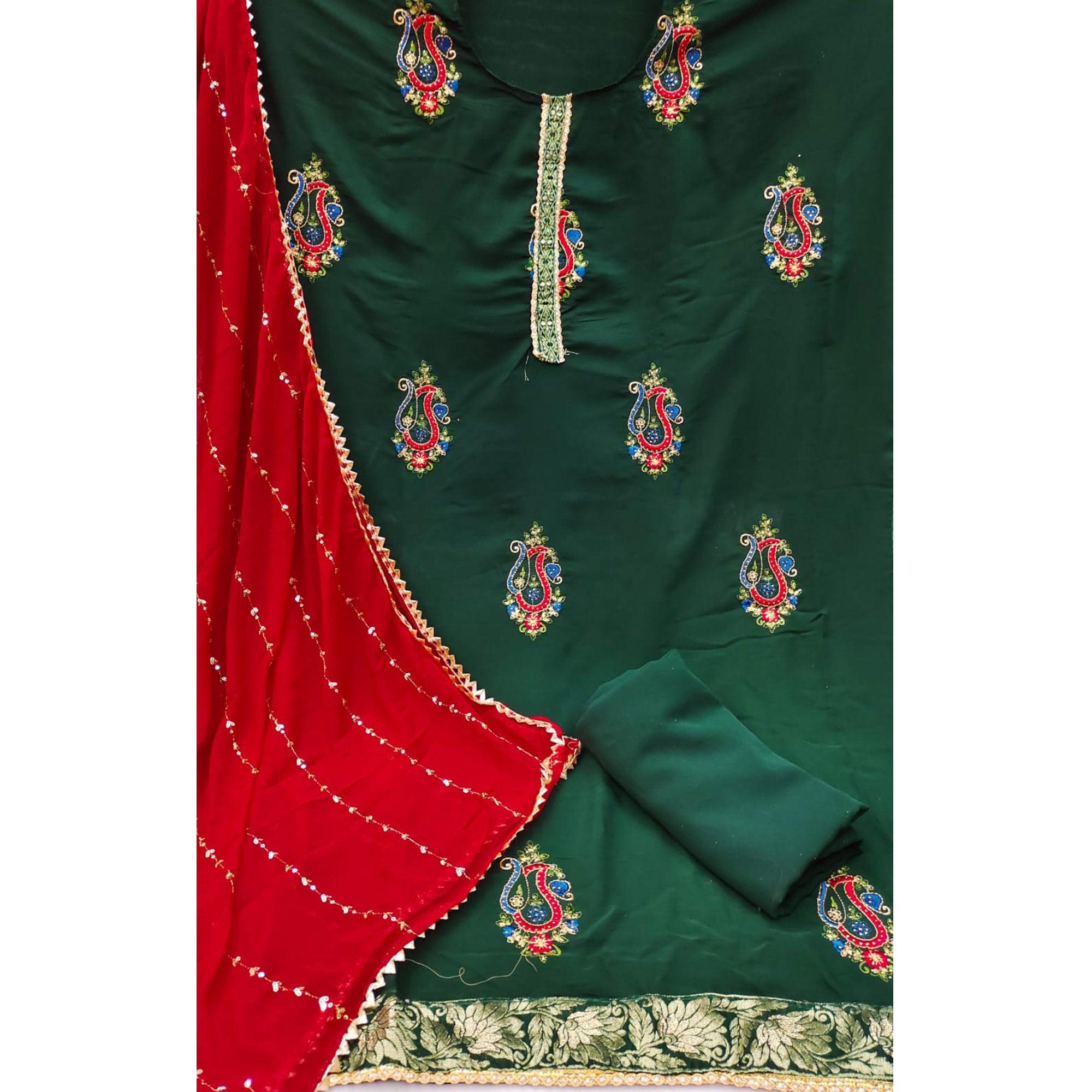 Green Festive Wear Embroidered Cotton Dress Material - Peachmode
