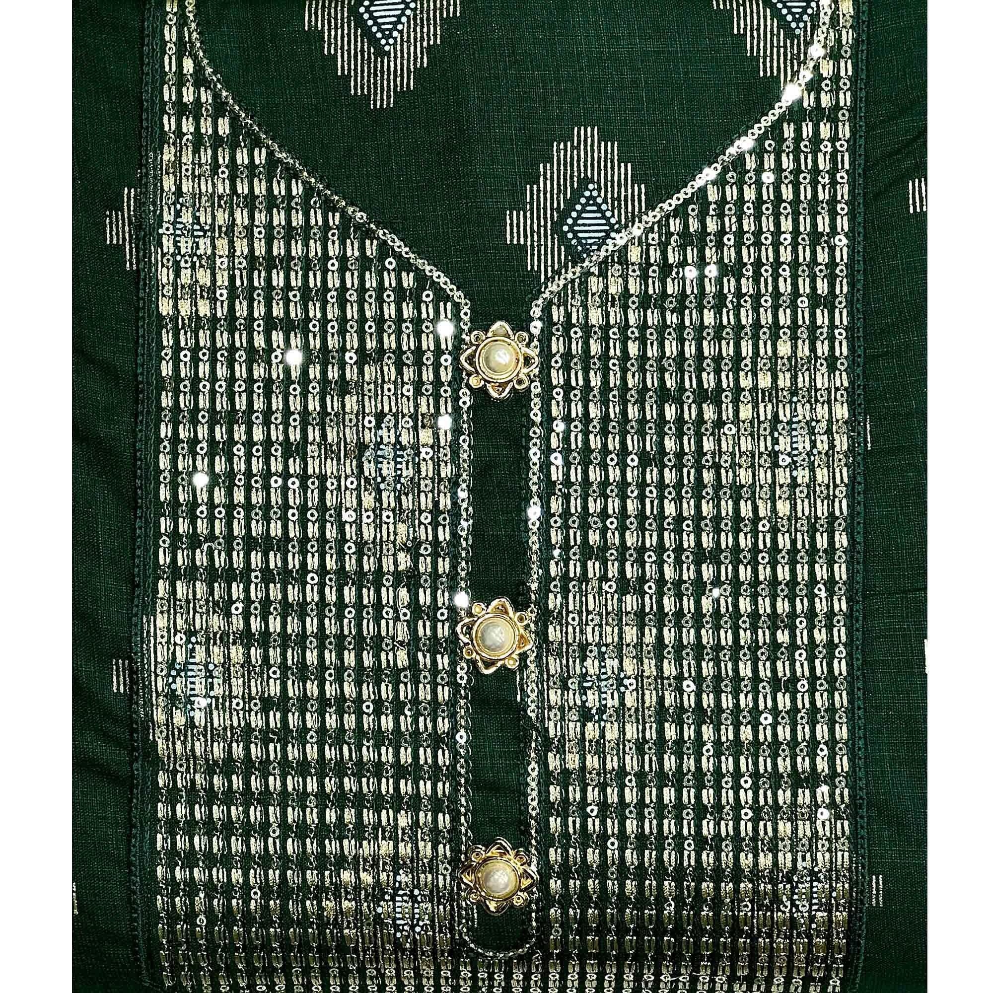 Green Festive Wear Embroidered Cotton Dress Material - Peachmode