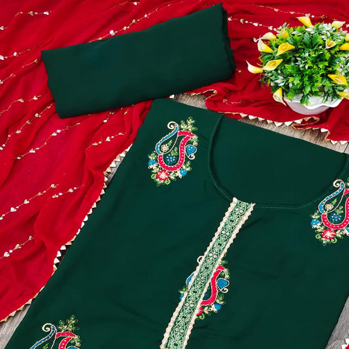 Green Festive Wear Embroidered Cotton Dress Material - Peachmode