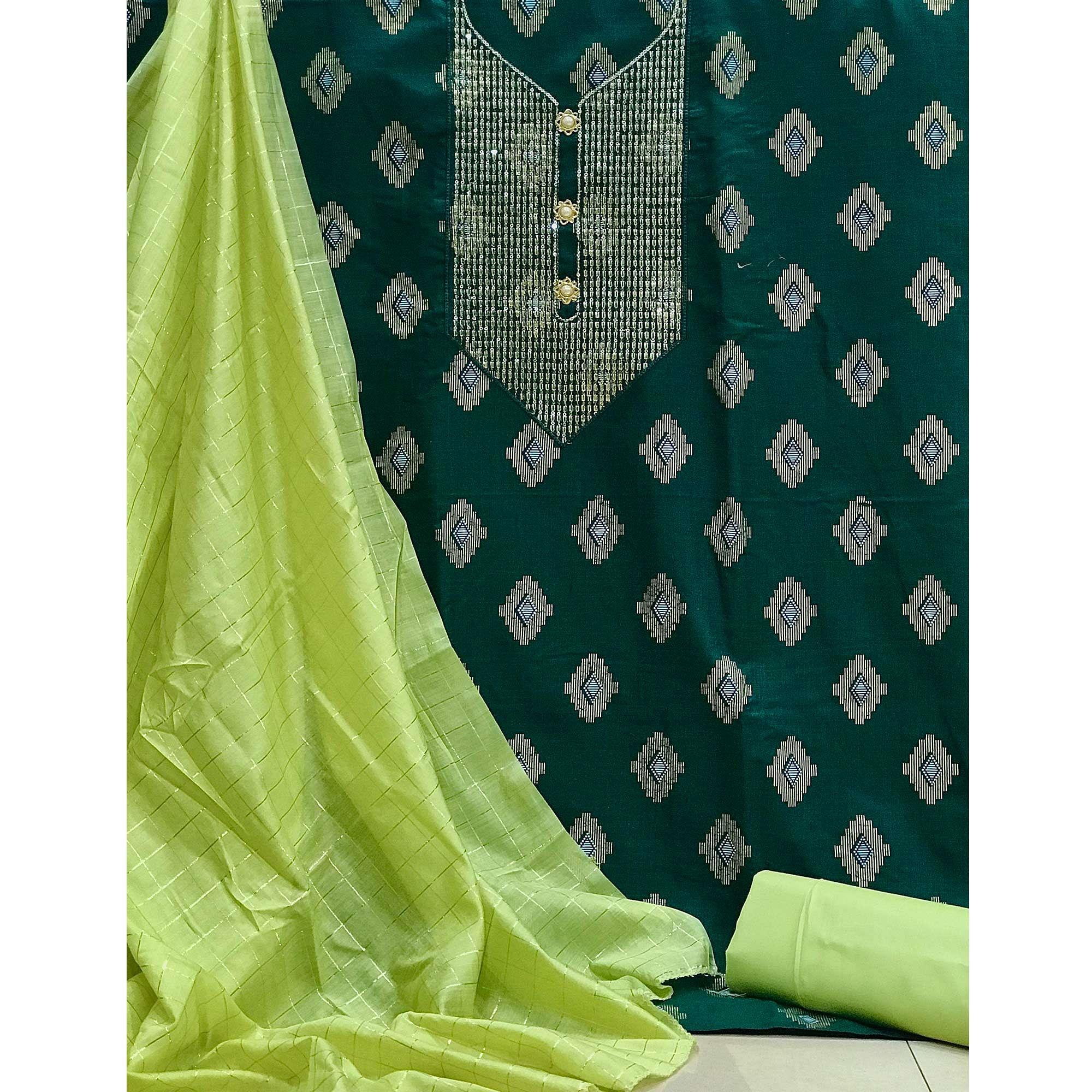 Green Festive Wear Embroidered Cotton Dress Material - Peachmode