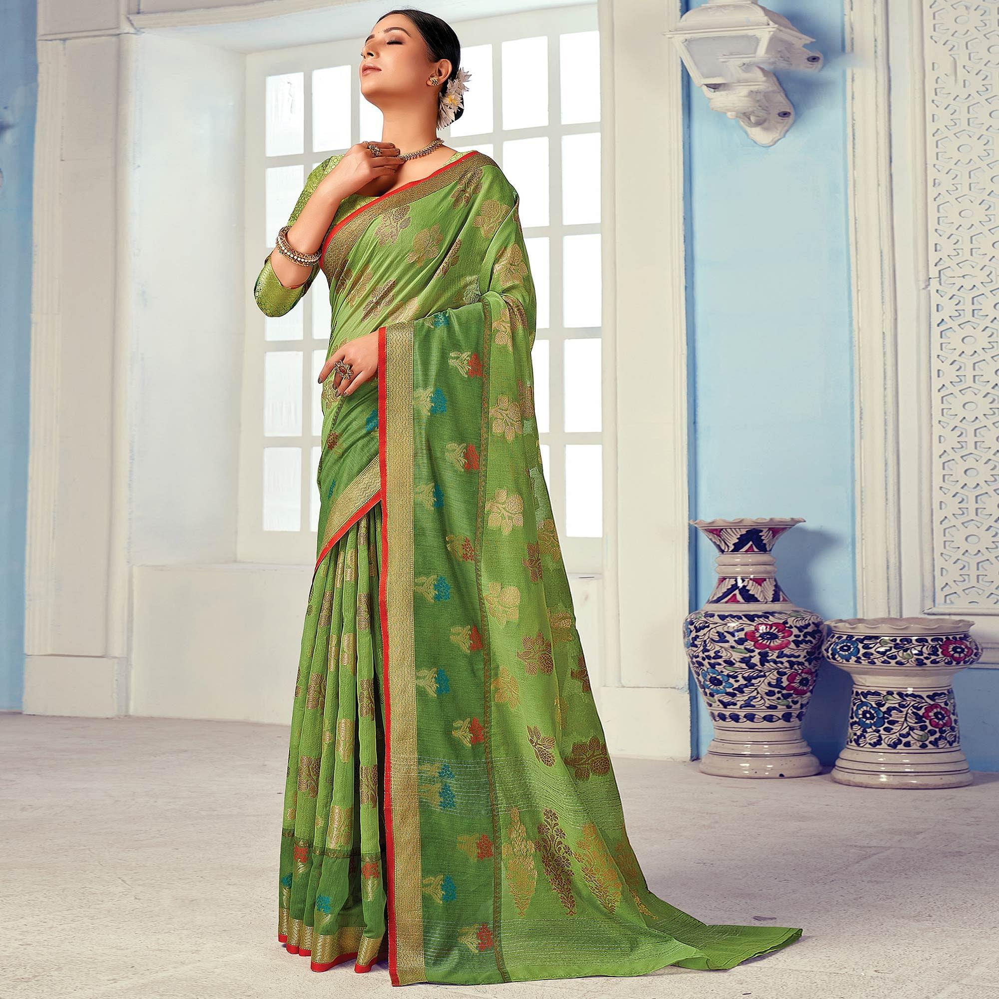 Green Festive Wear Embroidered Cotton Handloom Saree - Peachmode