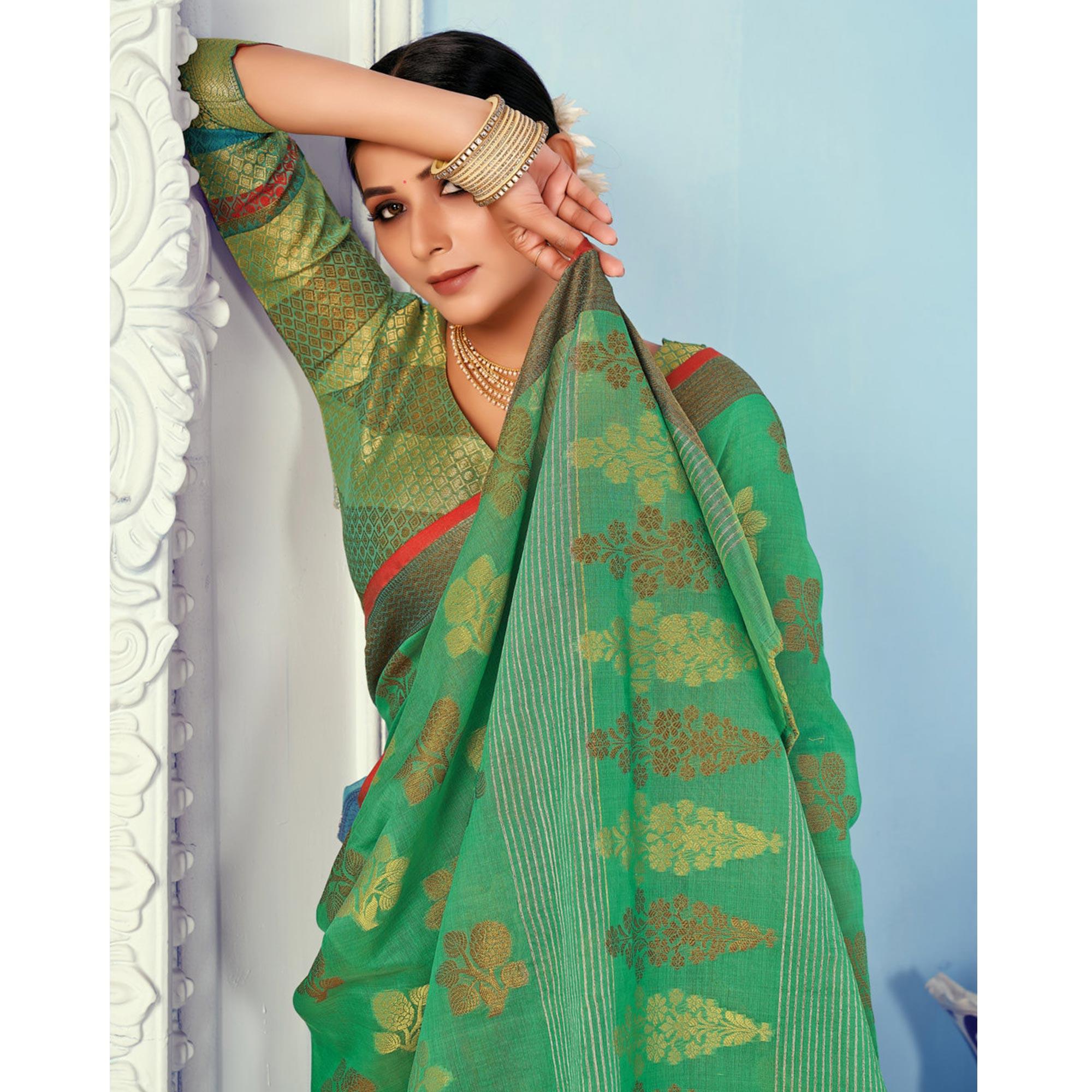 Green Festive Wear Embroidered Cotton Handloom Saree - Peachmode