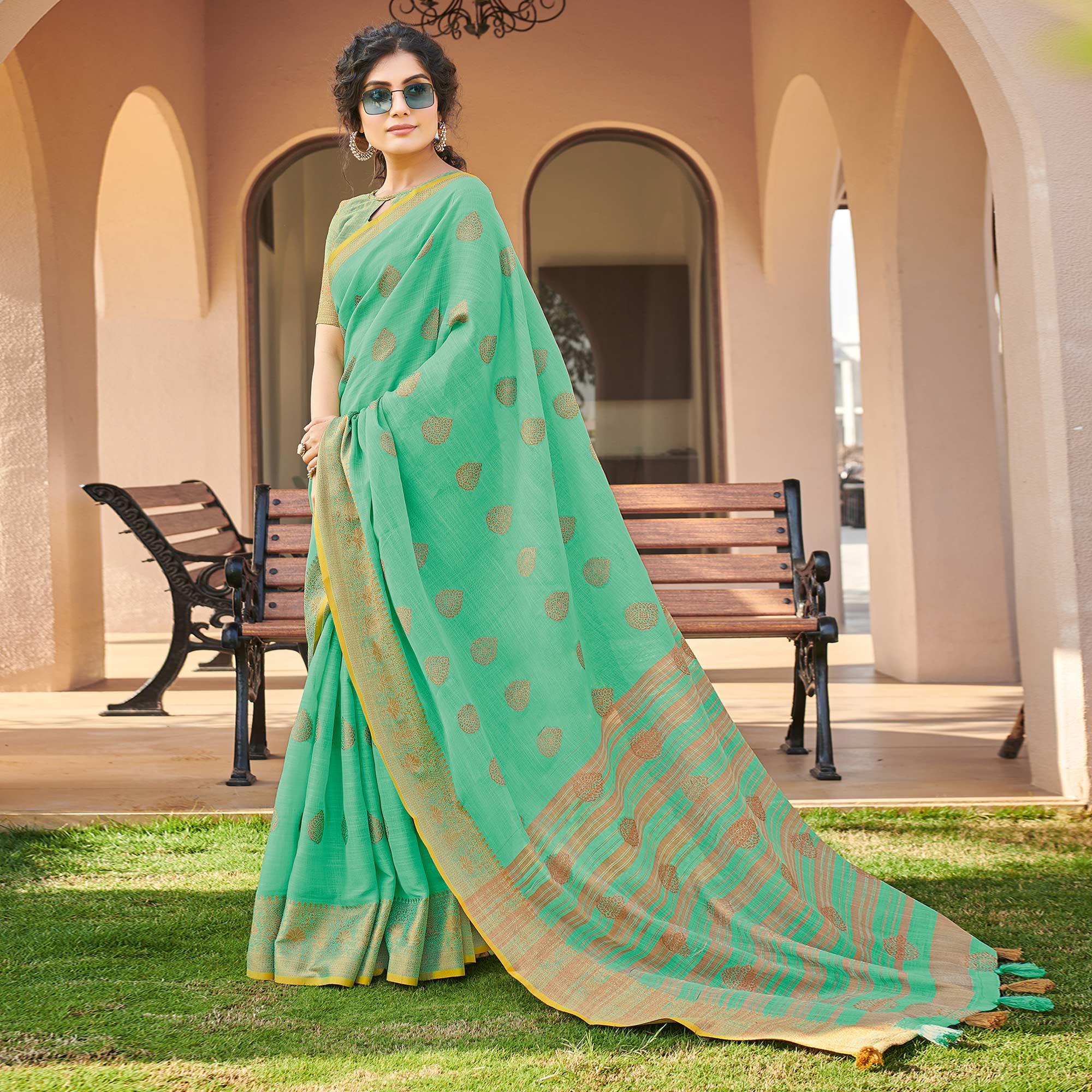 Green Festive Wear Embroidered Cotton Saree - Peachmode