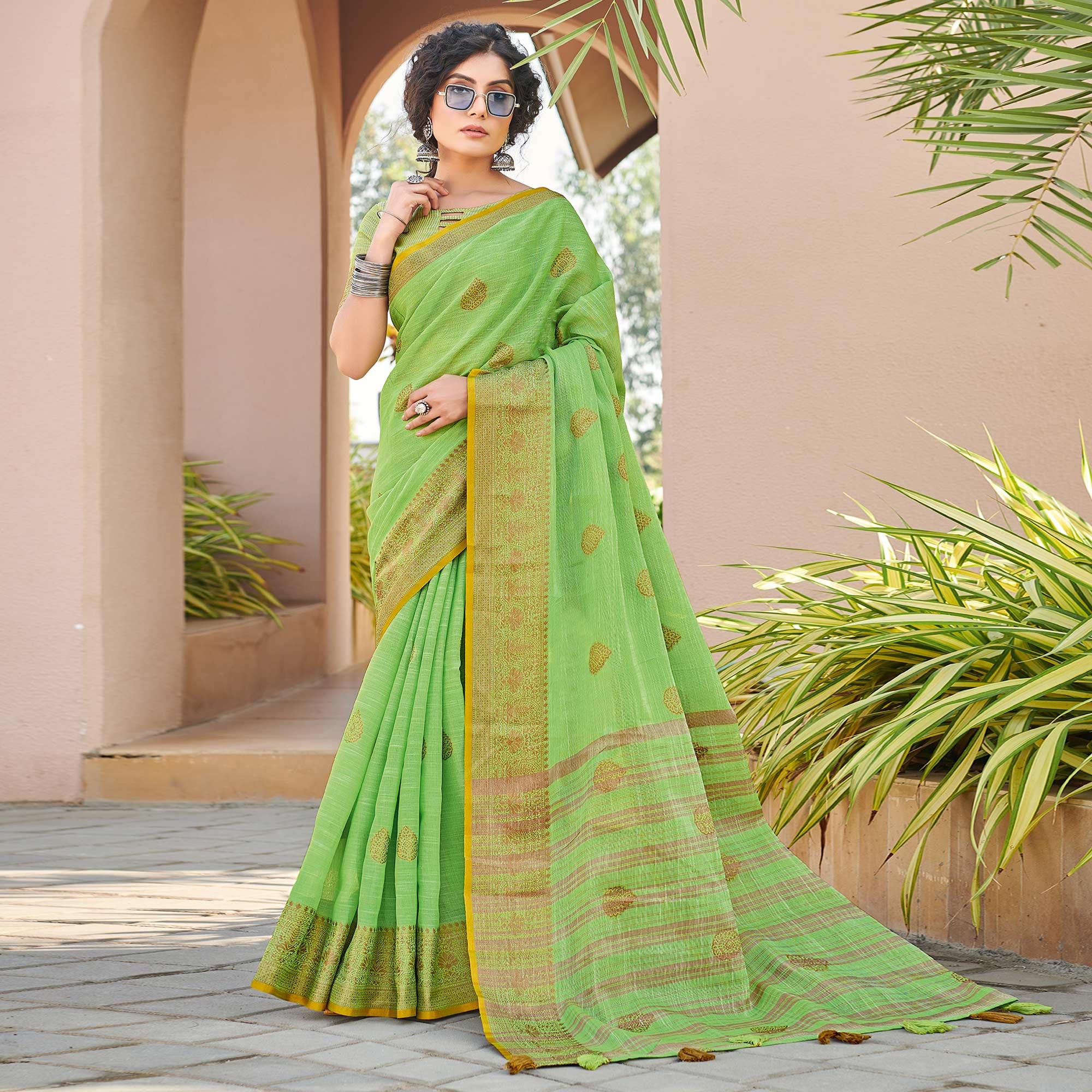 Green Festive Wear Embroidered Cotton Saree - Peachmode