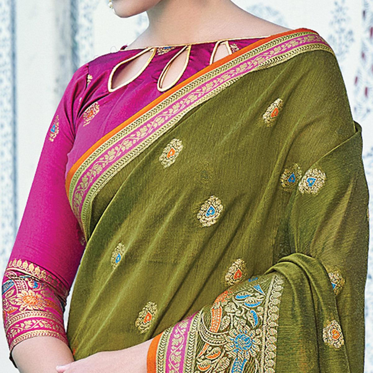 Green Festive Wear Embroidered Cotton Saree - Peachmode