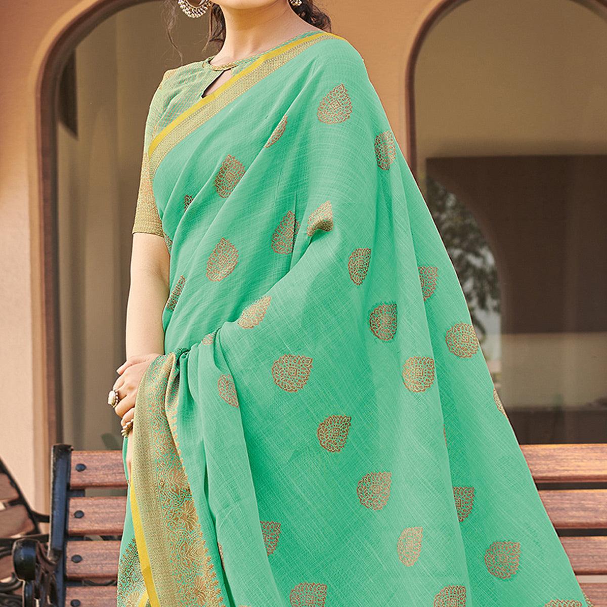 Green Festive Wear Embroidered Cotton Saree - Peachmode