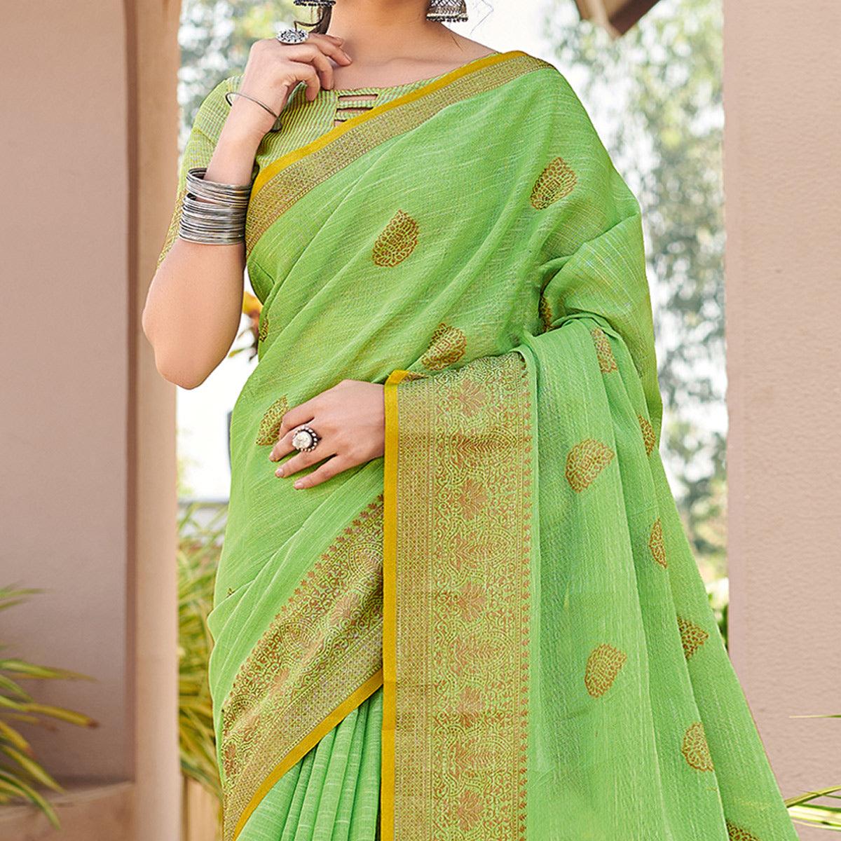 Green Festive Wear Embroidered Cotton Saree - Peachmode