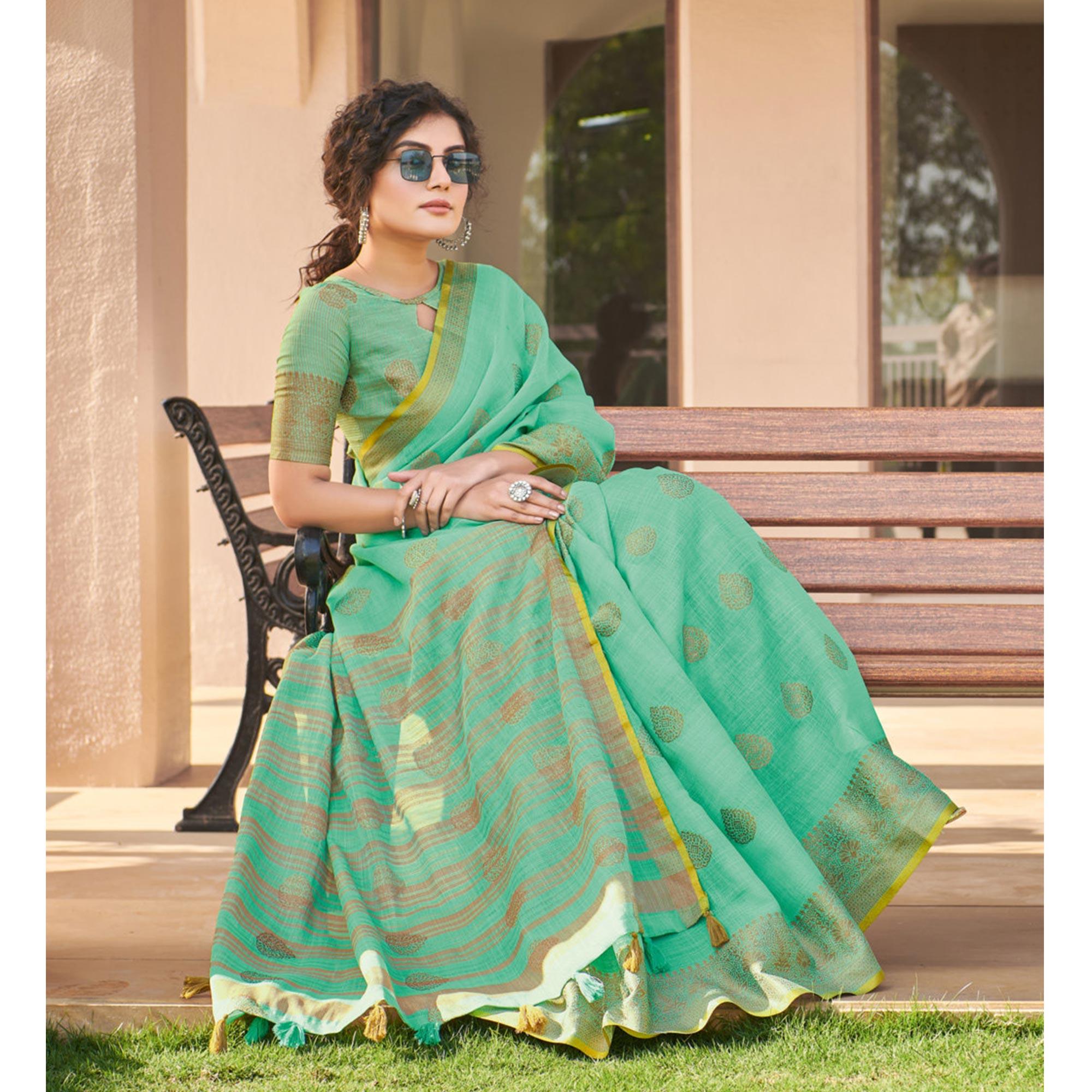 Green Festive Wear Embroidered Cotton Saree - Peachmode