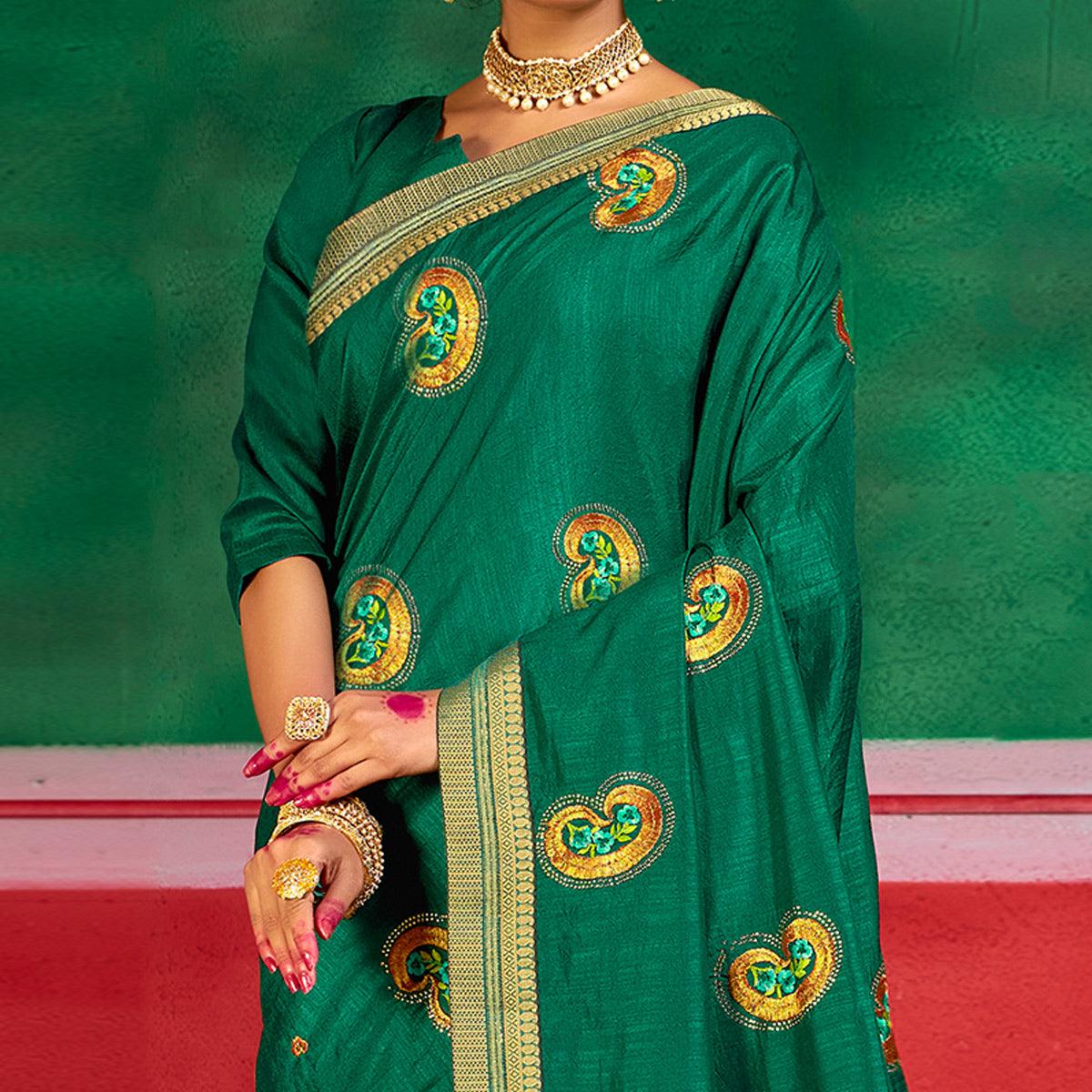 Green Festive Wear Embroidered Dola Silk Saree - Peachmode