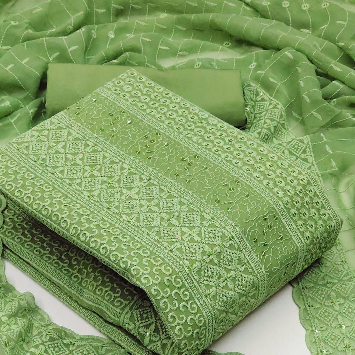 Green Festive Wear Embroidered Georgette Dress Material - Peachmode