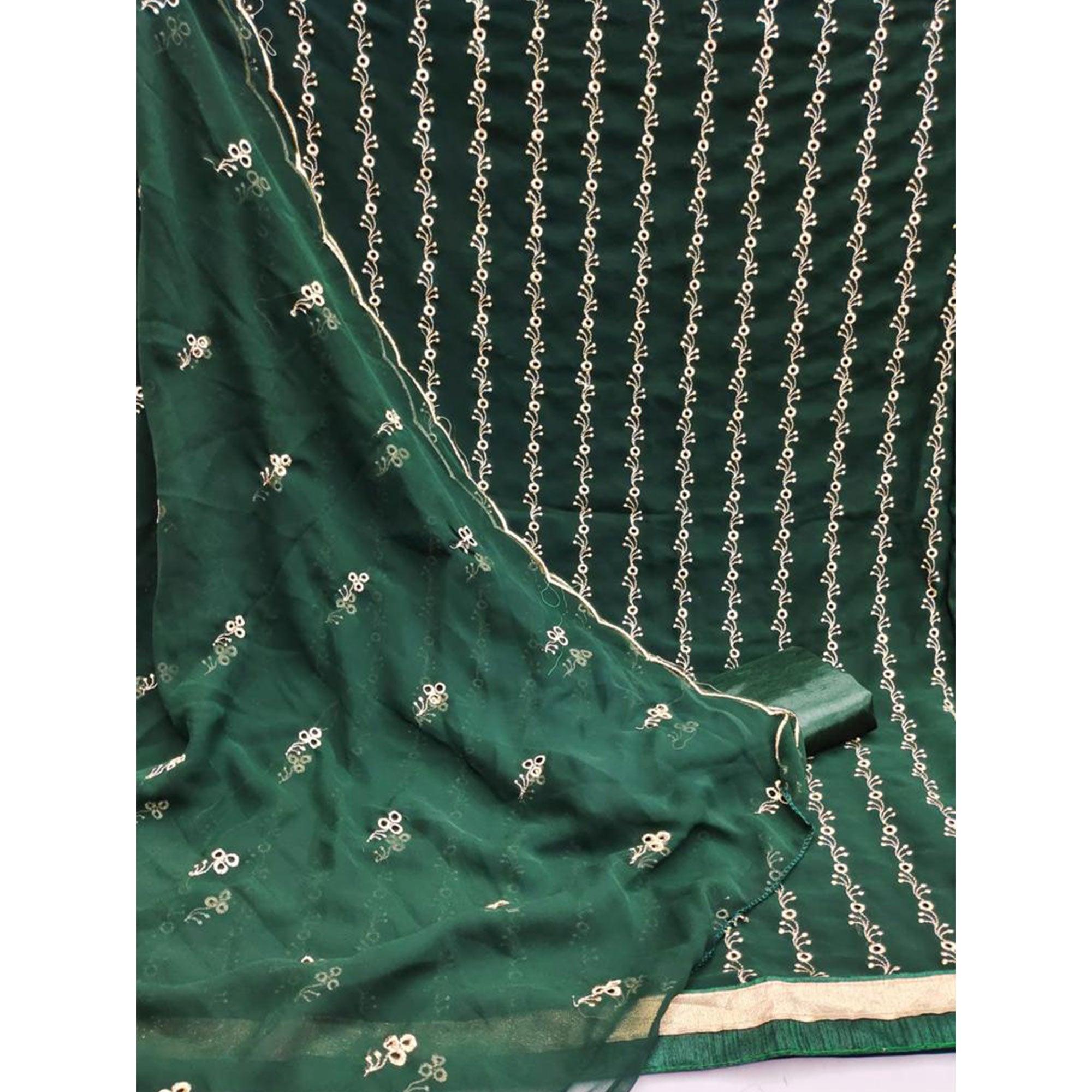 Green Festive Wear Embroidered Georgette Dress Material - Peachmode