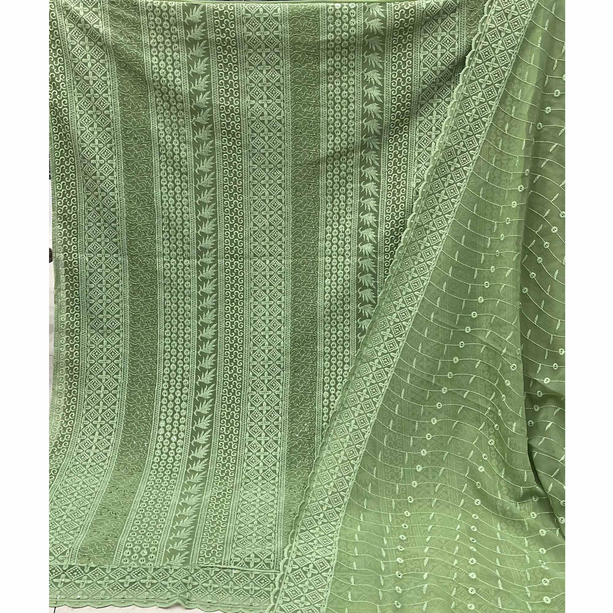 Green Festive Wear Embroidered Georgette Dress Material - Peachmode